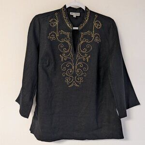 JM Collection Linen studded top with 3/4 sleeves